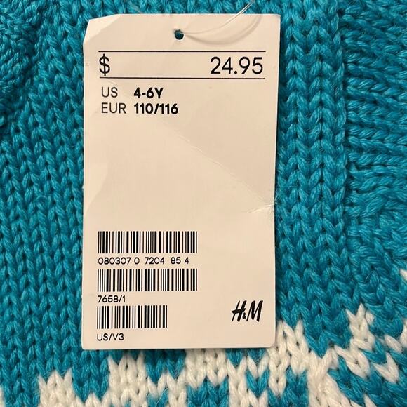 H&M Kids Fair Isle Sweater Zip Cardigan Blue Wool Blend 4-6Y NWT - Picture 6 of 9